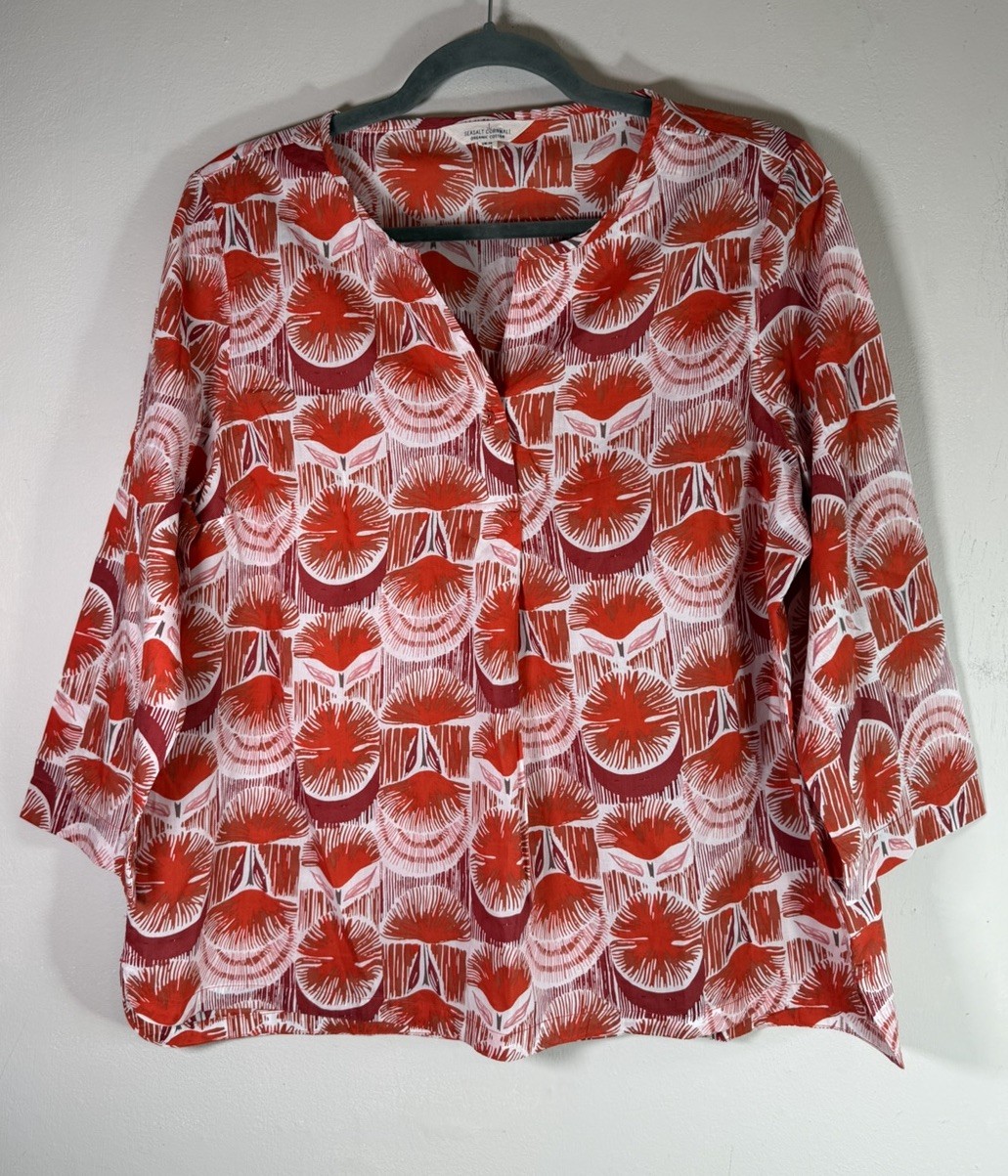 Seasalt Watercolour Sketch Top Tunic Blouse UK 14 Orange 3/4 Sleeve Cotton VGC