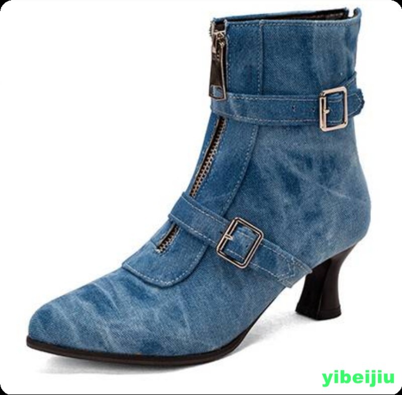 Belt Women’s Kitten Mid Heel Front Zipper Ankle Boots Shoes Cowgirl Denim Retro