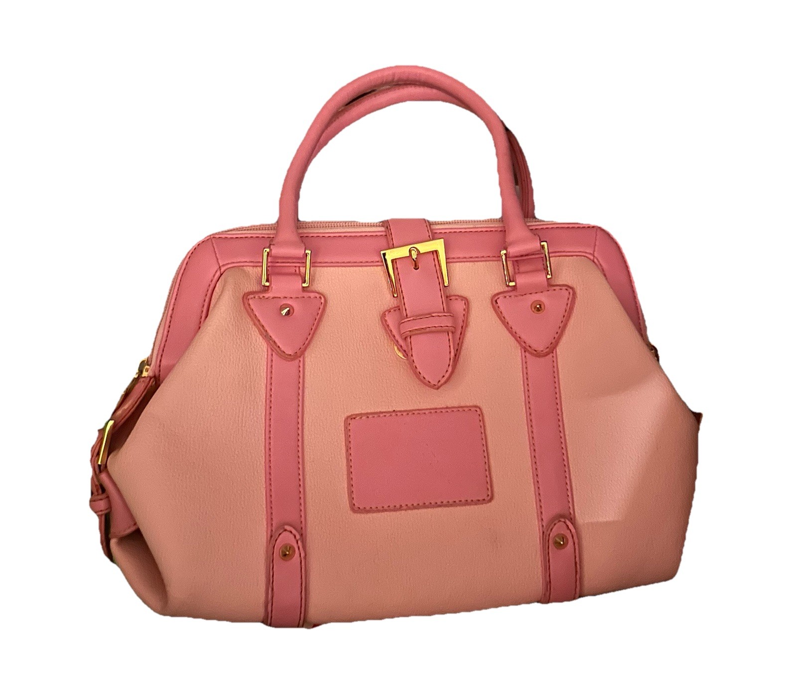 Cute Girly Two Toned Hot Pink Faux Leather Satchel Handbag W Gold Buckle