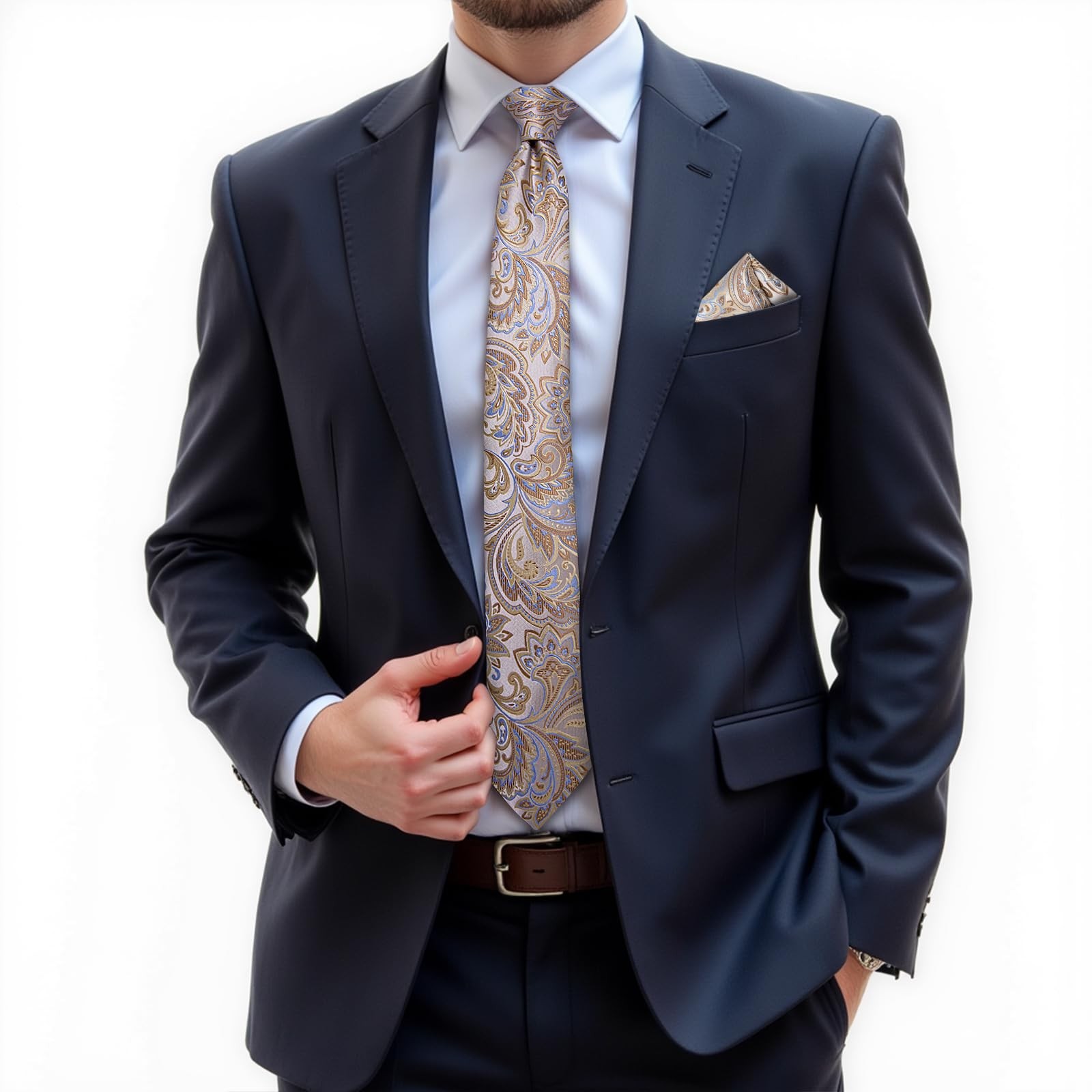 Mens Tie Set Silk Solid Paisley Necktie and Pocket Square Cufflinks Classic Form