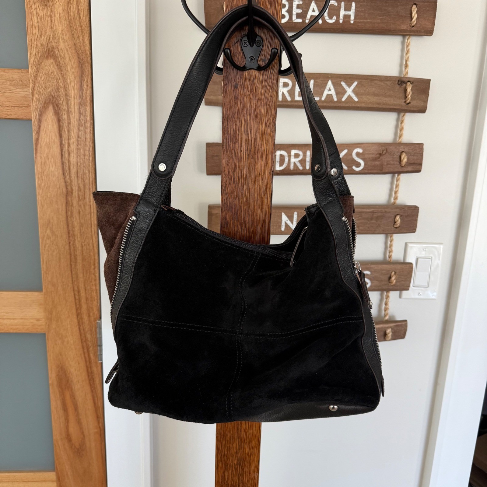 Tignanello Y2K Black Brown Zipper Suede Leather Hobo Womens Shoulder Handbag EUC