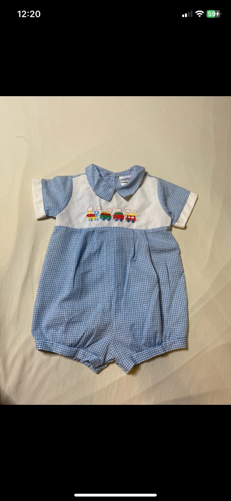 Vintage Alexis Baby Boy Smocked Train Bubble Romper Blue Gingham Jon Jon
