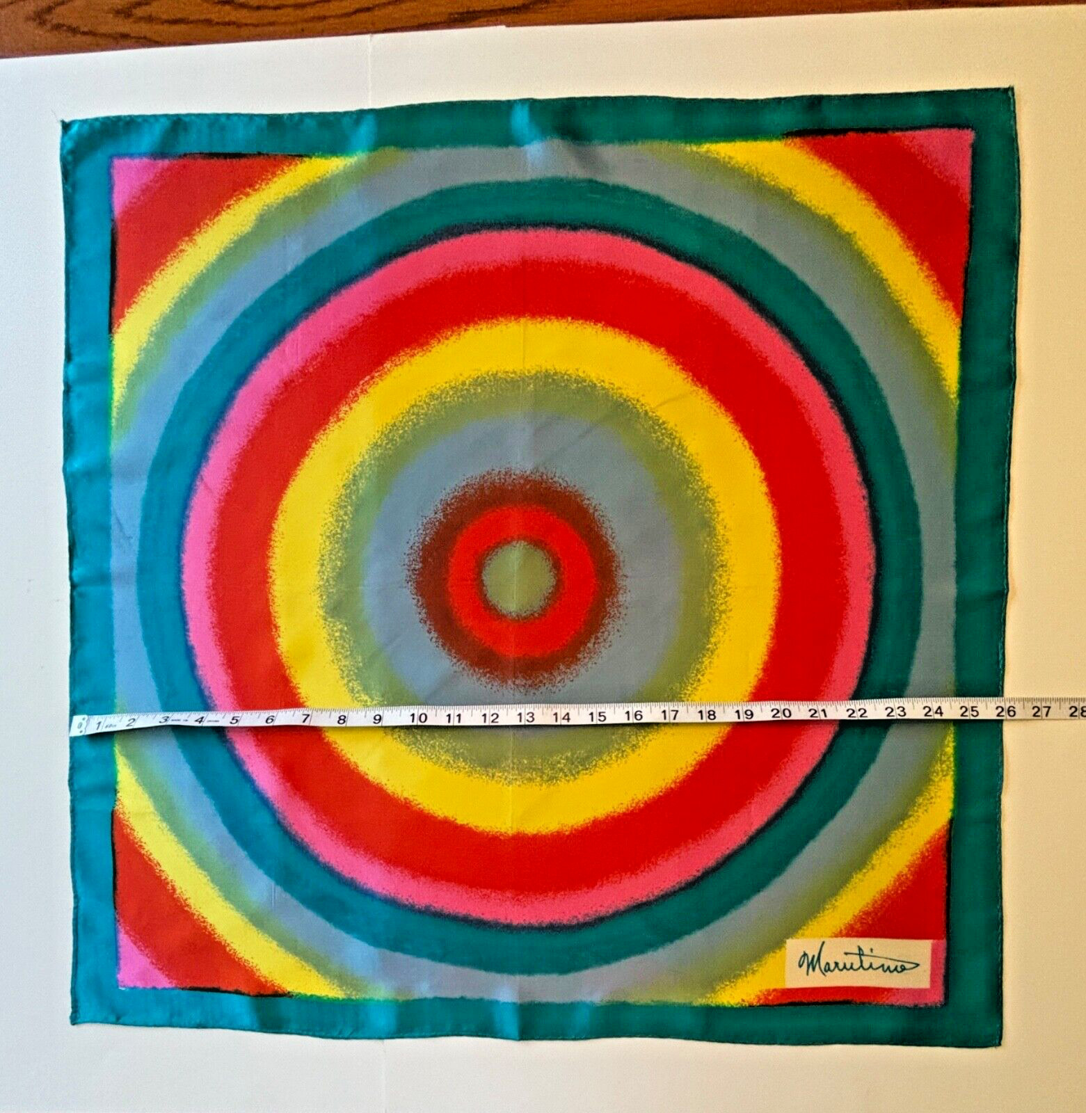 Colorful Designer Scarf 25.5″ Square Bold Abstract Art Circles Signed Marutino?