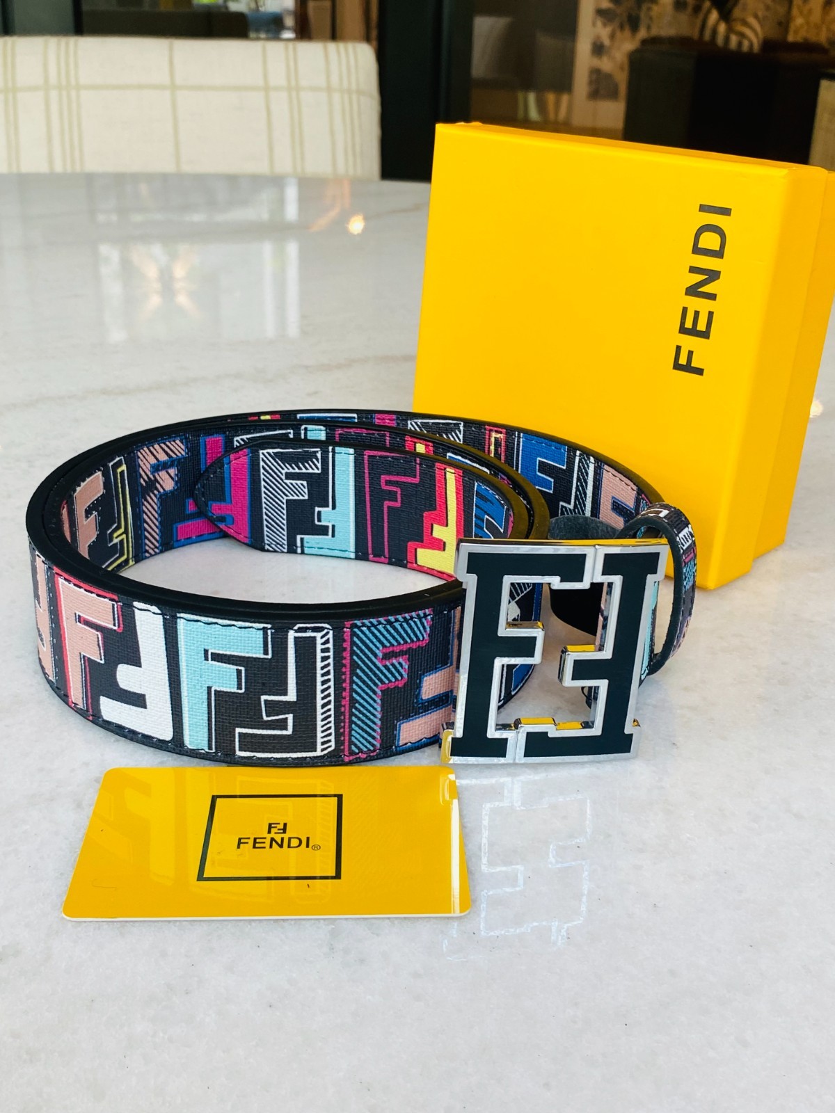 Fendi Belt Black Multicolor FF Monogram Strap FF Buckle size 32-36