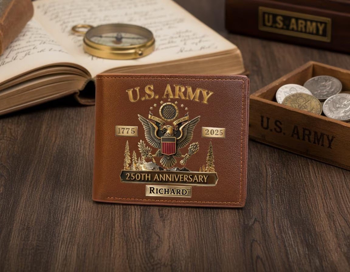 Personalized US Army Leather Wallet 250th Anniversary Custom Veteran Gift Men US