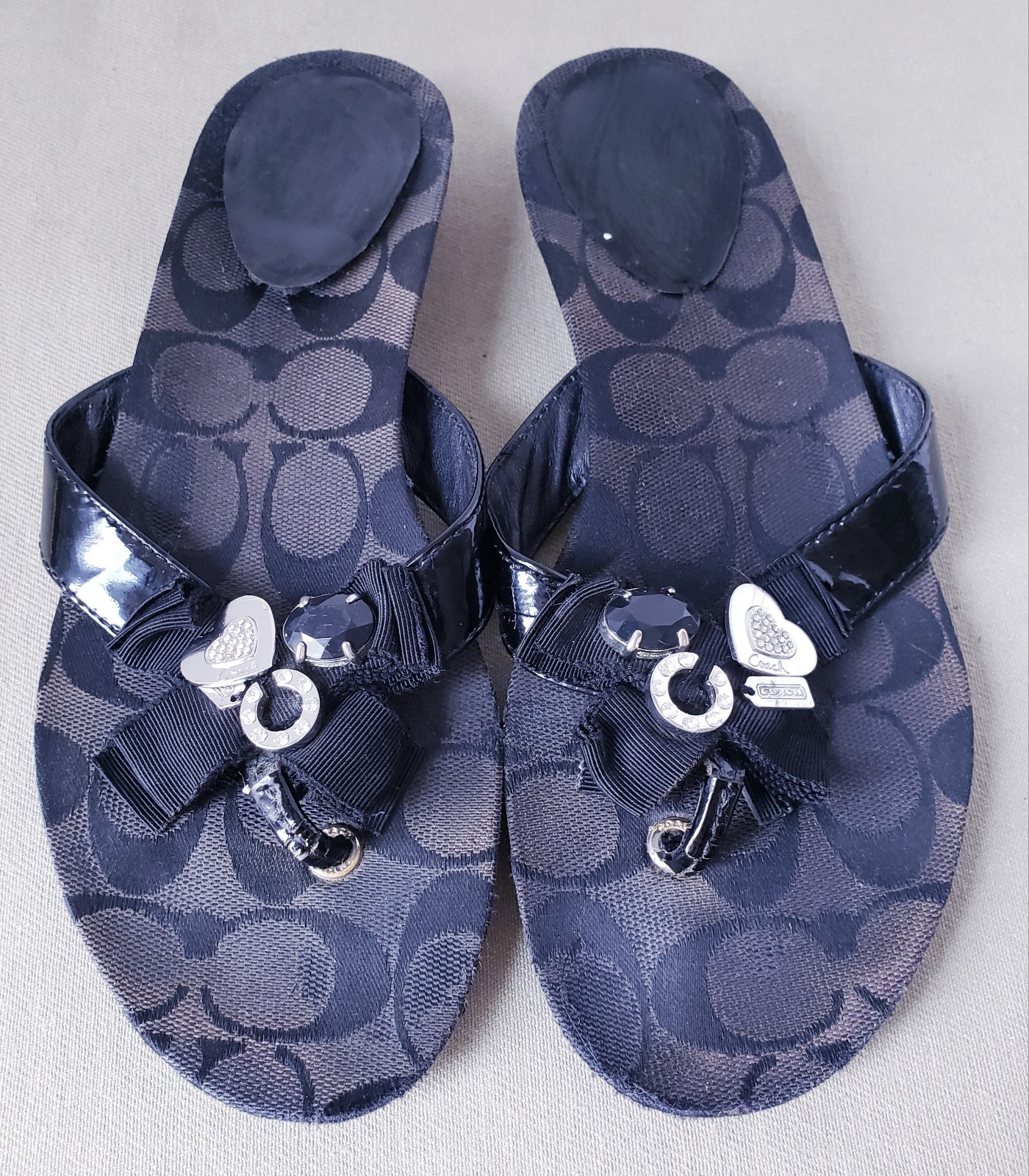 COACH Sparkle Serenity Black Patent Leather Flip Flops Sandals Bling Charm
