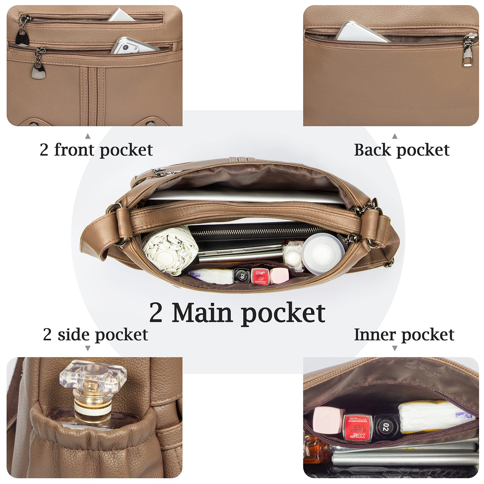 Women Soft PU Leather Shoulder Handbag Multi Pocket Crossbody Bag Ladies Medium