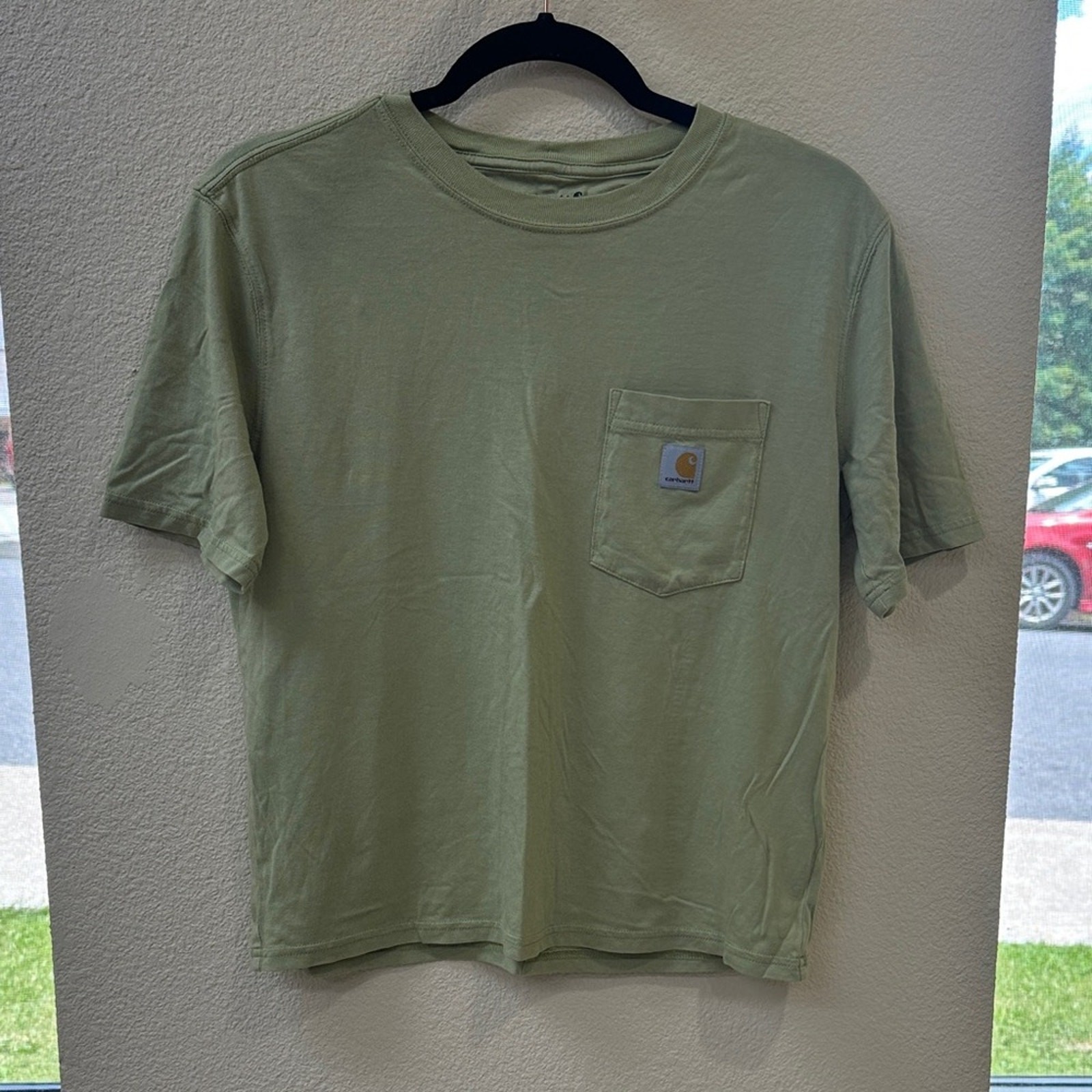 Carhartt Sage Green Pocket Tee with Logo Patch Crew Neck Size XS