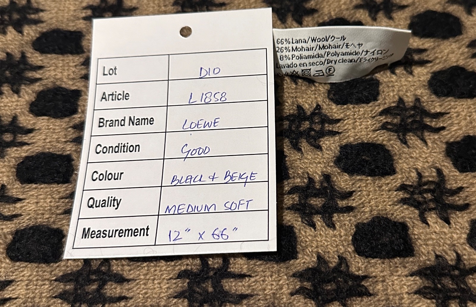 Pre-owned Genuine Loewe 66% Wool Scarf Black and Beige Made In UK