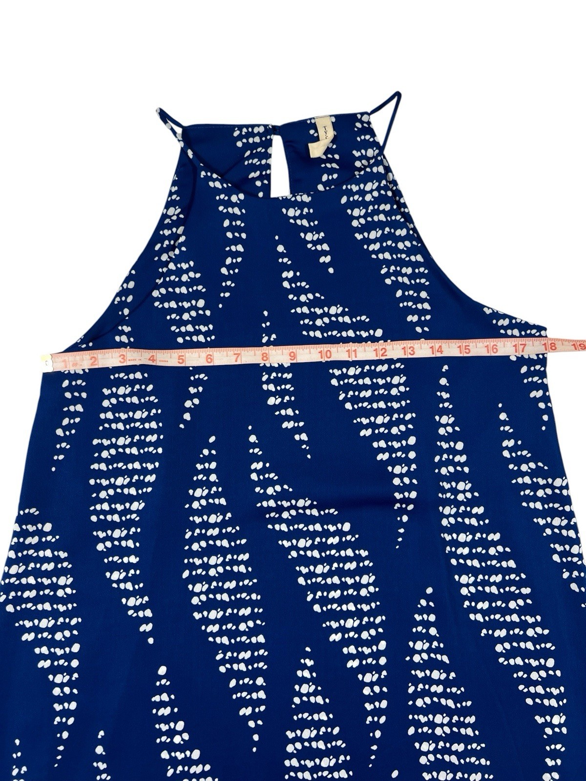 TYCHE blue/white leaf pattern halter shift mini dress size MEDIUM high neck EUC
