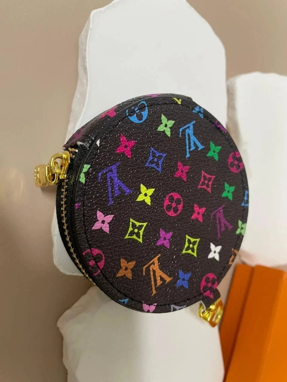 Louis Vuitton round coin purse monogram canvas Black Multi Colour floral (USA)