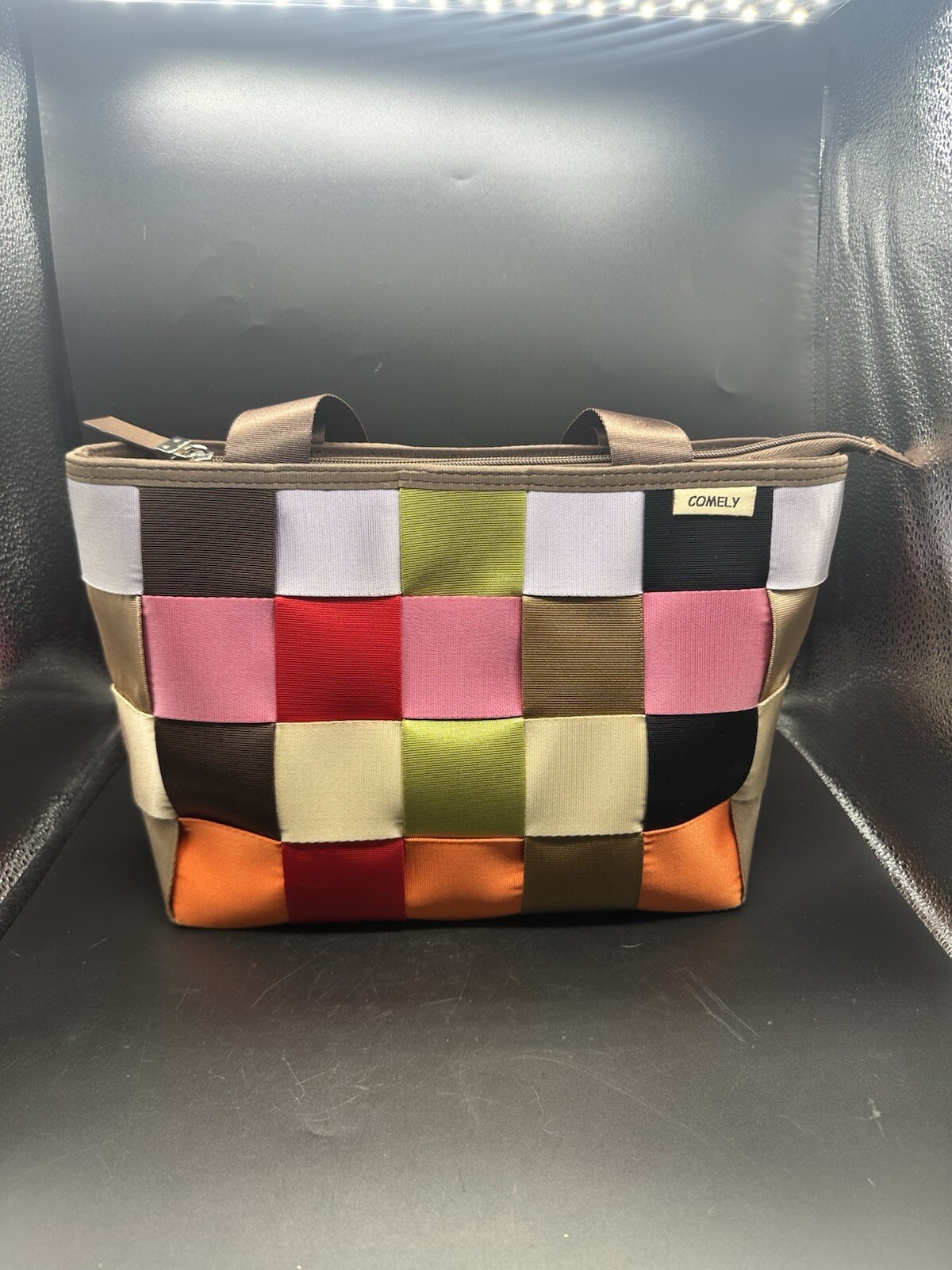 Comely seatbelt bag purse multi color 12.75” Wide shoulder bag Brown Lining