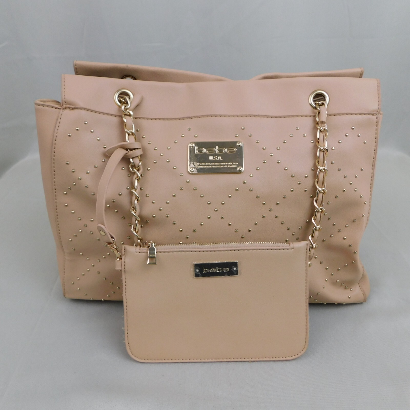 Bebe Double Handle Studded Shopper Bag & Removable Zipper Pouch Wallet Sesame