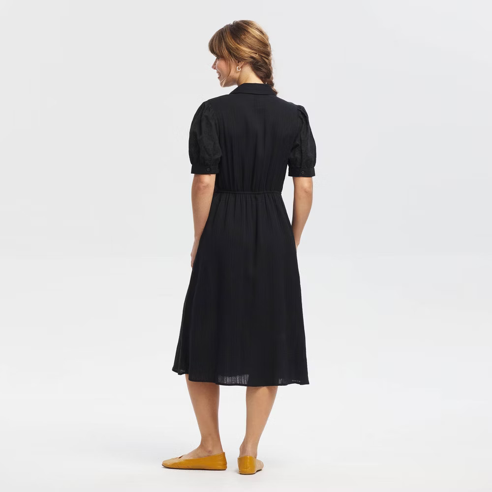 Women Puff Short Sleeve Eyelet Midi Shirtdress – Universal Thread Black XL