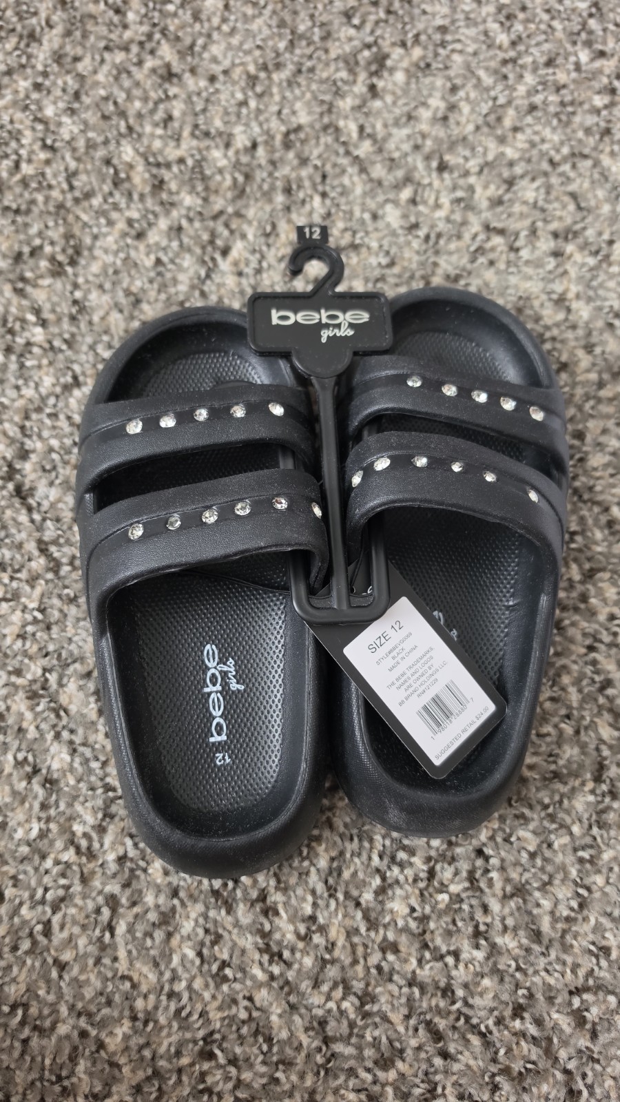 Bebe Girls Black Slide Sandals Rhinestone Logo Slip On Pool Slides Size 12.