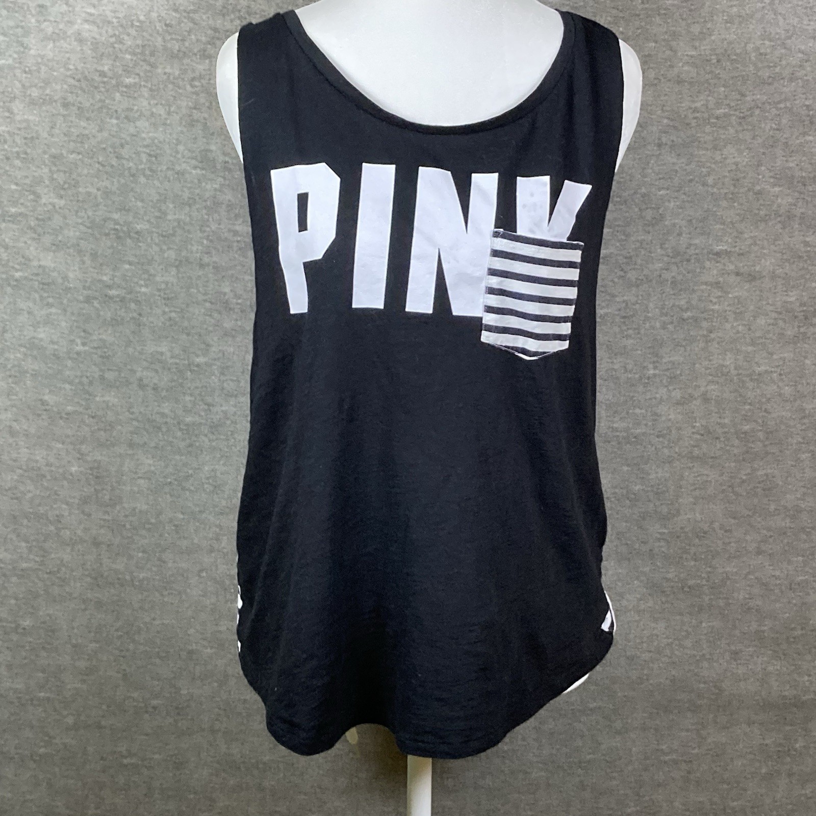 Victoria’s Secret Pink Black & White Striped Logo Tank Top Size Medium