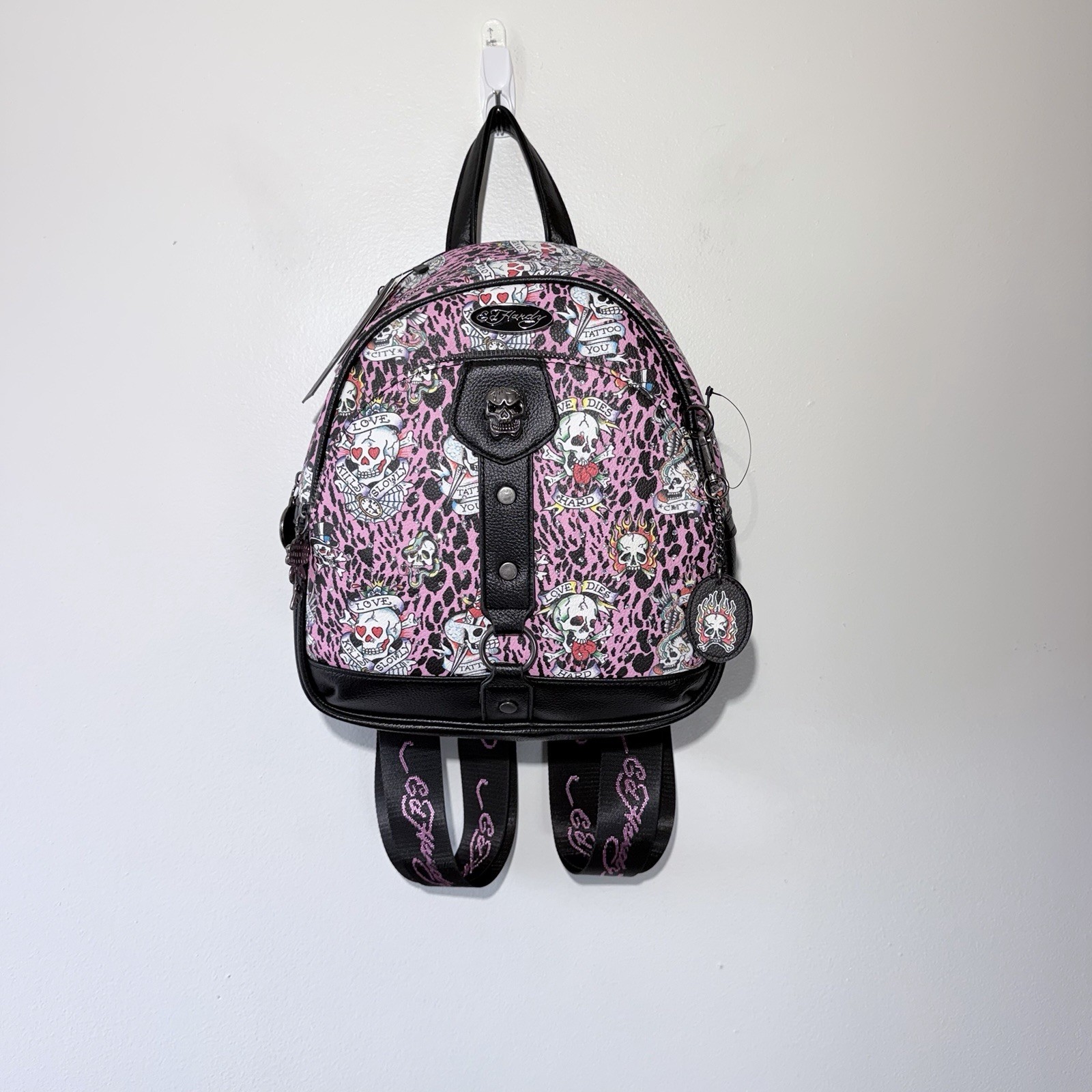 Ed Hardy Adjustable Pink Leopard Print Traditional Skulls Backpack Purse NWT