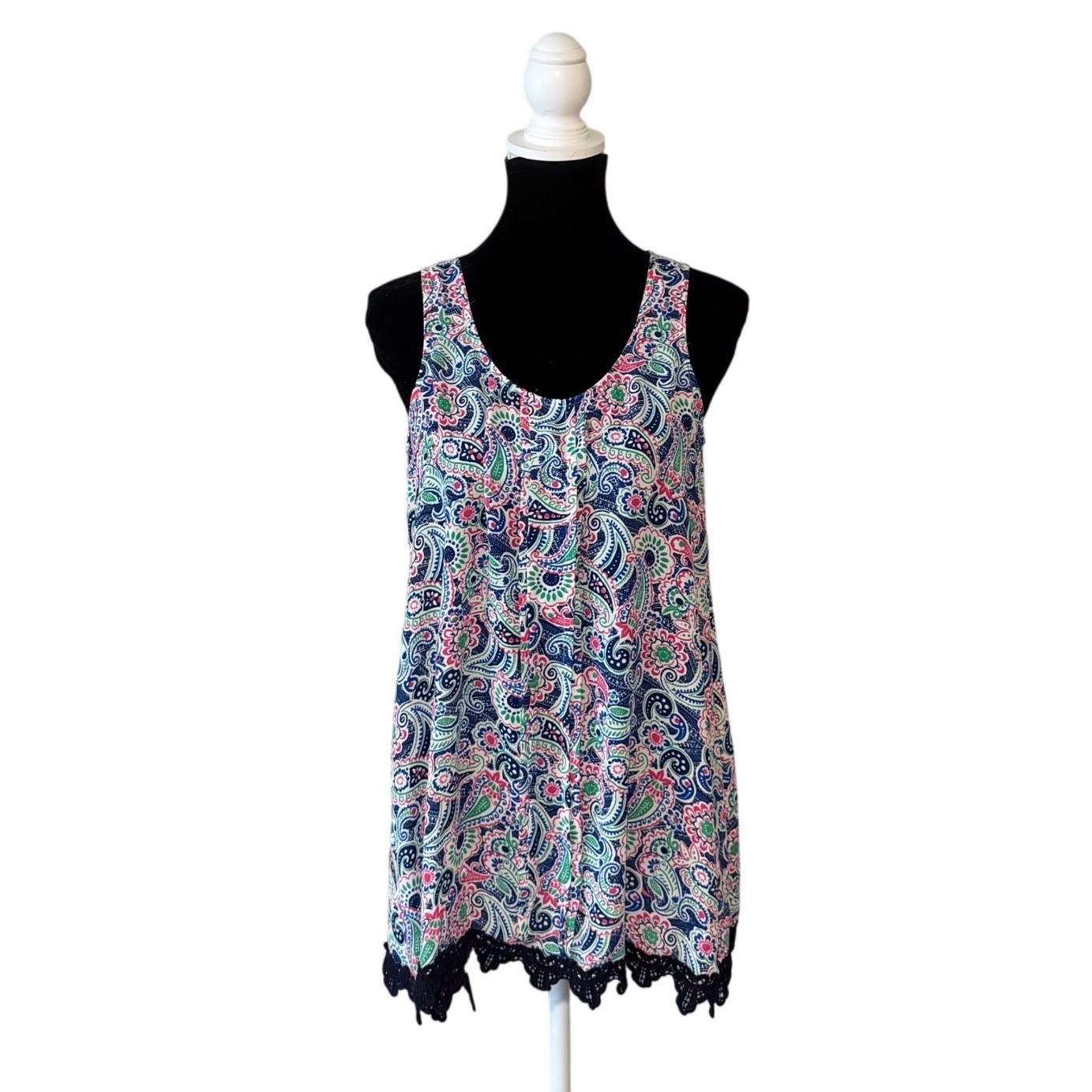Womens Paisley Sleeveless Tunic Top Crochet Hem Boho Coastal Preppy Size M