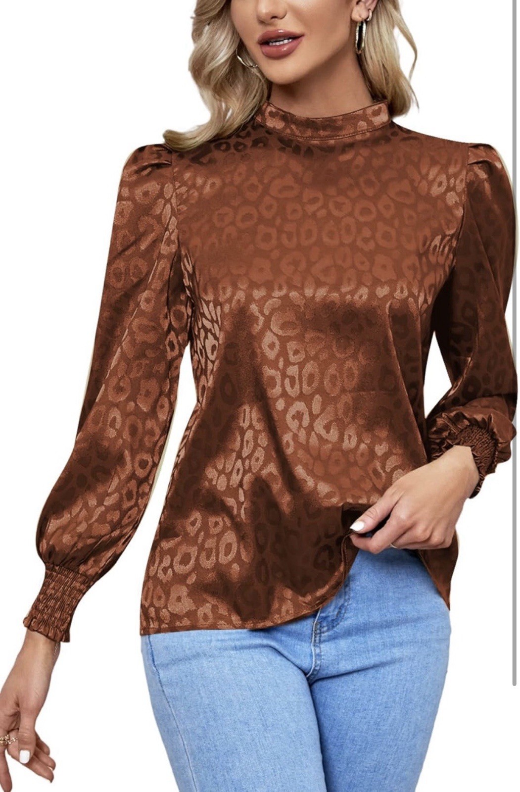 Lyaner NWOT Brown Satin Mock Neck Puff Sleeve Blouse XL Leopard Jacquard