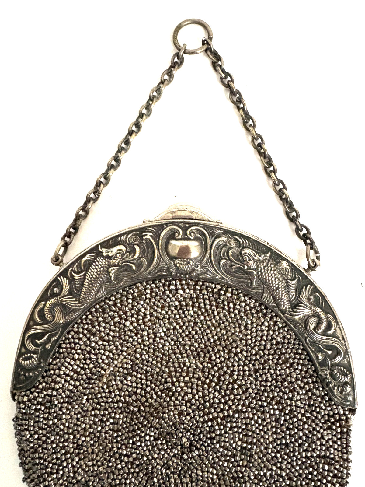 Antique Chatelaine Round Suede & Steel Cut Beaded Purse w/Mythical Fish on Frame