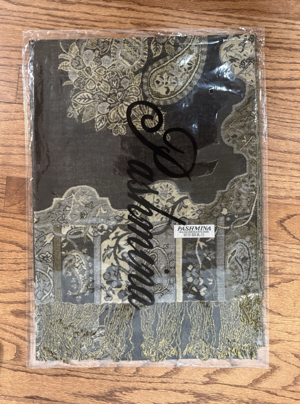 Pashmina Silk Scarf 55% Pashmina 45% Silk Charcoal Taupe Paisley Fringe New