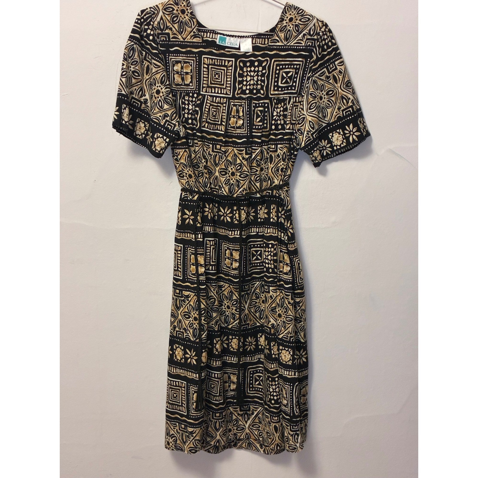 Vintage La Cera Cotton Batik Print Midi Dress Black Tan Geometric Pockets Medium