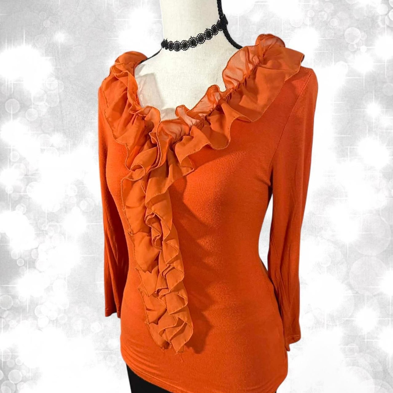 Y2K rustic orange ruffled long sleeve blouse. 90s style