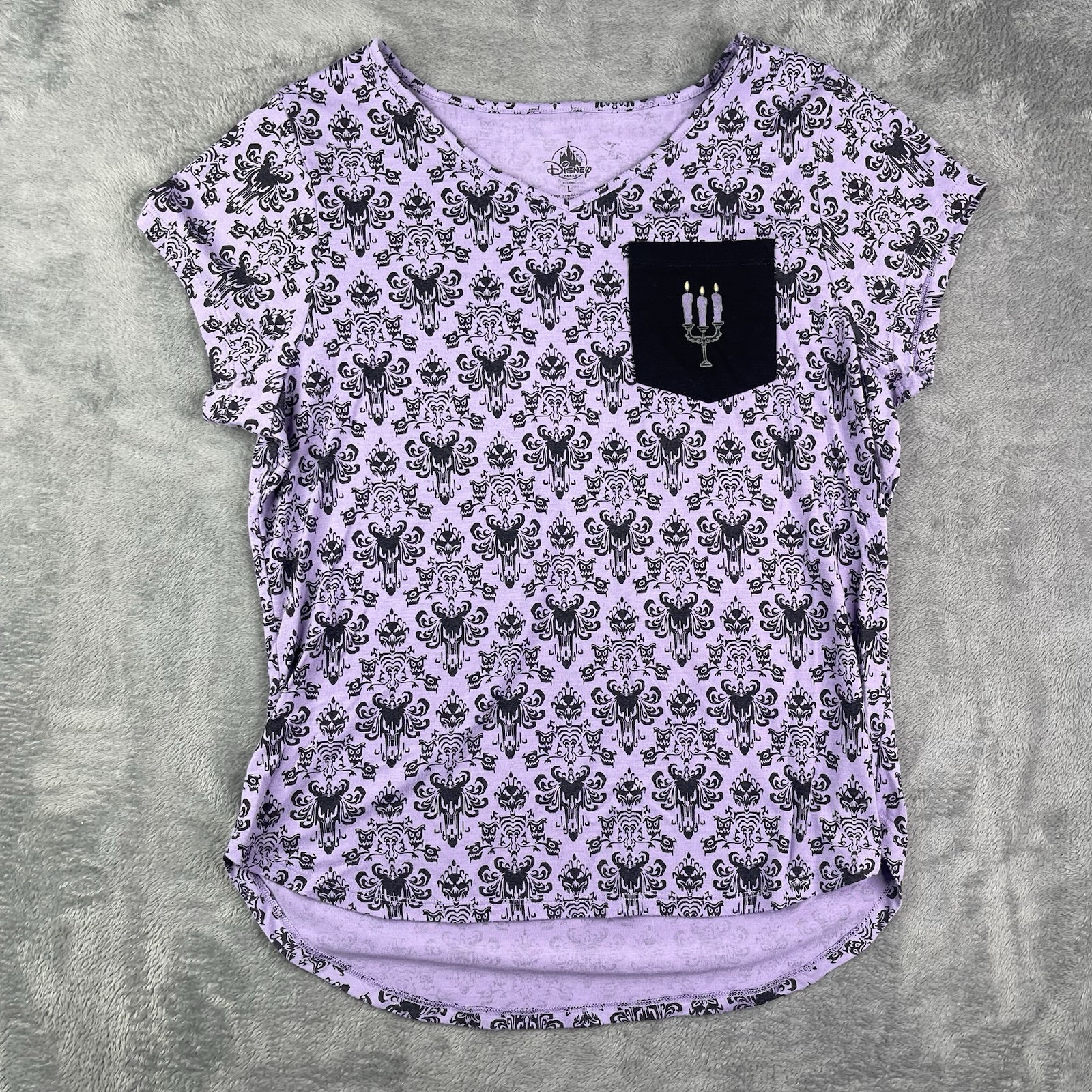 Disney Parks Haunted Mansion Shirt Women Large Purple Wallpaper Print Pocket Top