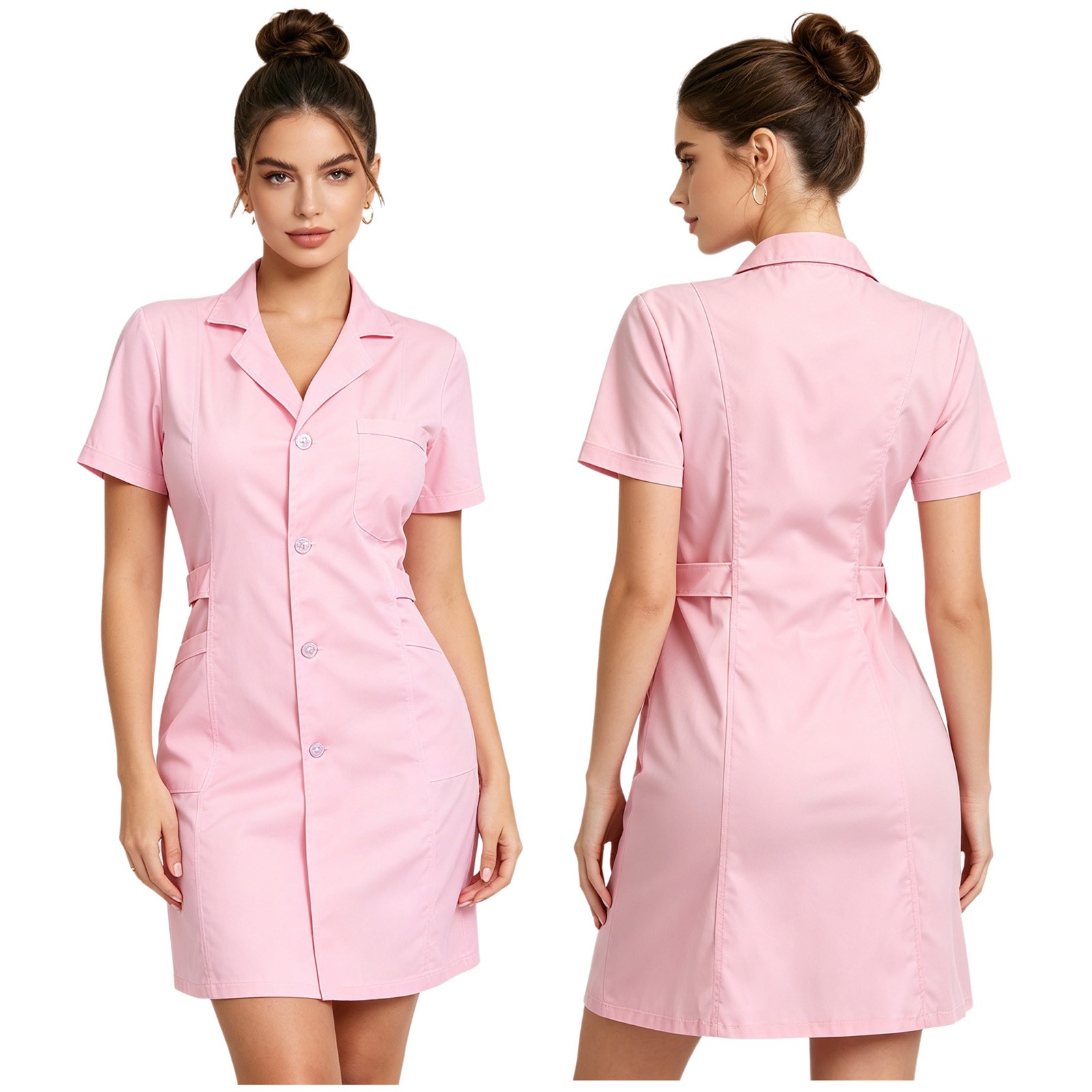 Women Slim Fit Hospital Nurse Scrub Coat Short Sleeve Front Button Uniform Dress