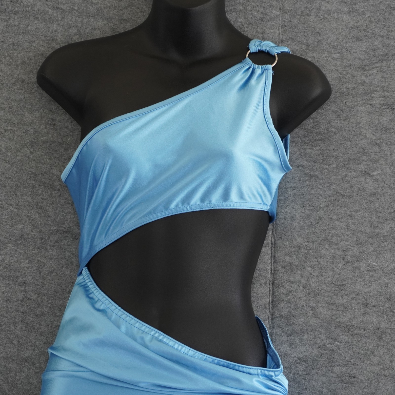 PrettyLittleThing Blue Satin Cut Out Maxi Dress US 2 UK 6 One Shoulder High Slit
