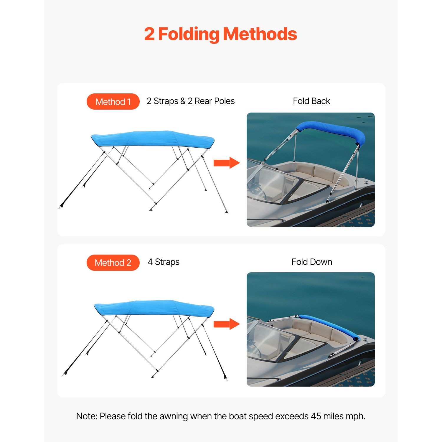 4 Bow Boat Bimini Top, 600D Polyester, Aluminum Frame, Waterproof Sun Shade