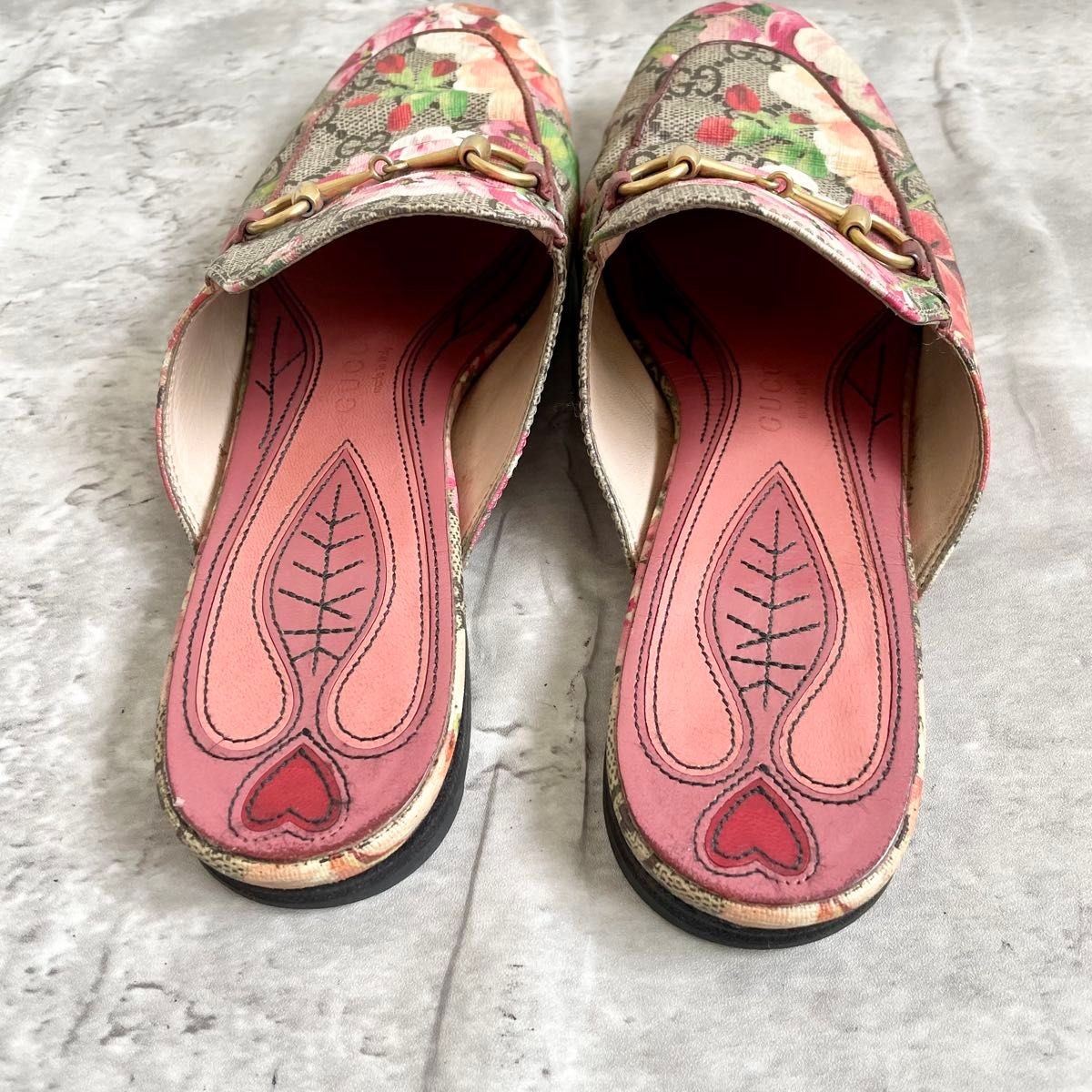 GUCCI GG Blooms Mules Sandals Pink Flower Horsebit Size EU 38 / US 8 Used