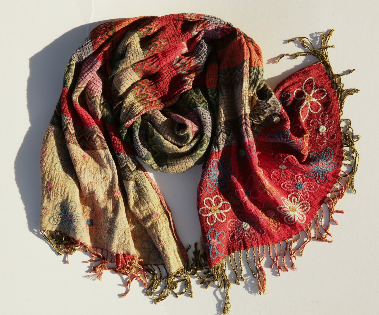Y2K DIMRI Floral Striped Summer Scarf Wrap Soft Rayon Rectangle Red Multicolor