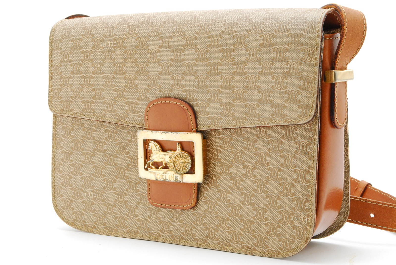 CELINE Shoulder Bag Horse Carriage Macadam PVC Leather Beige Vintage