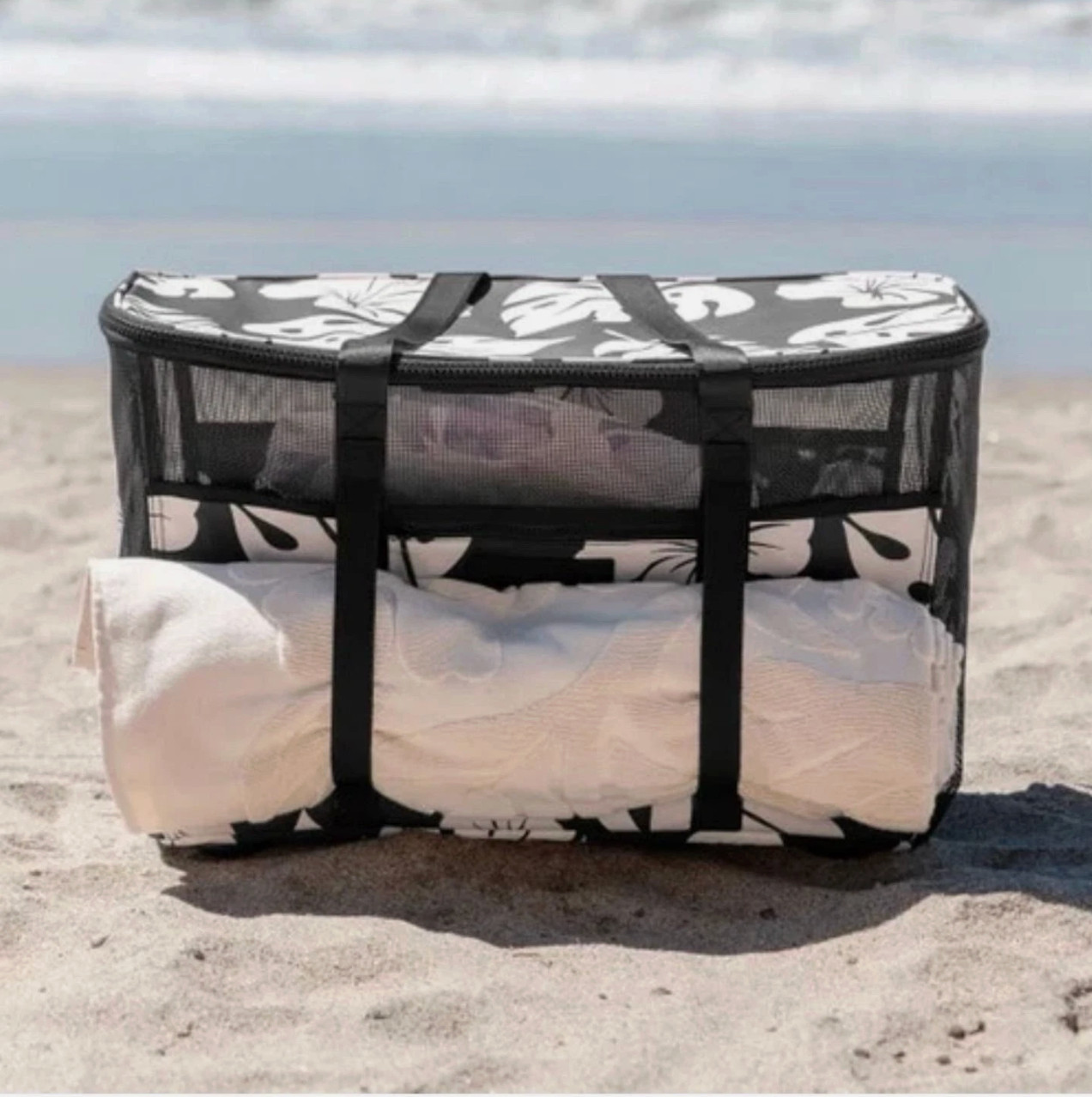 ALOHA Collection CleverMade Collapsible Beach Tote Bag Black NWT