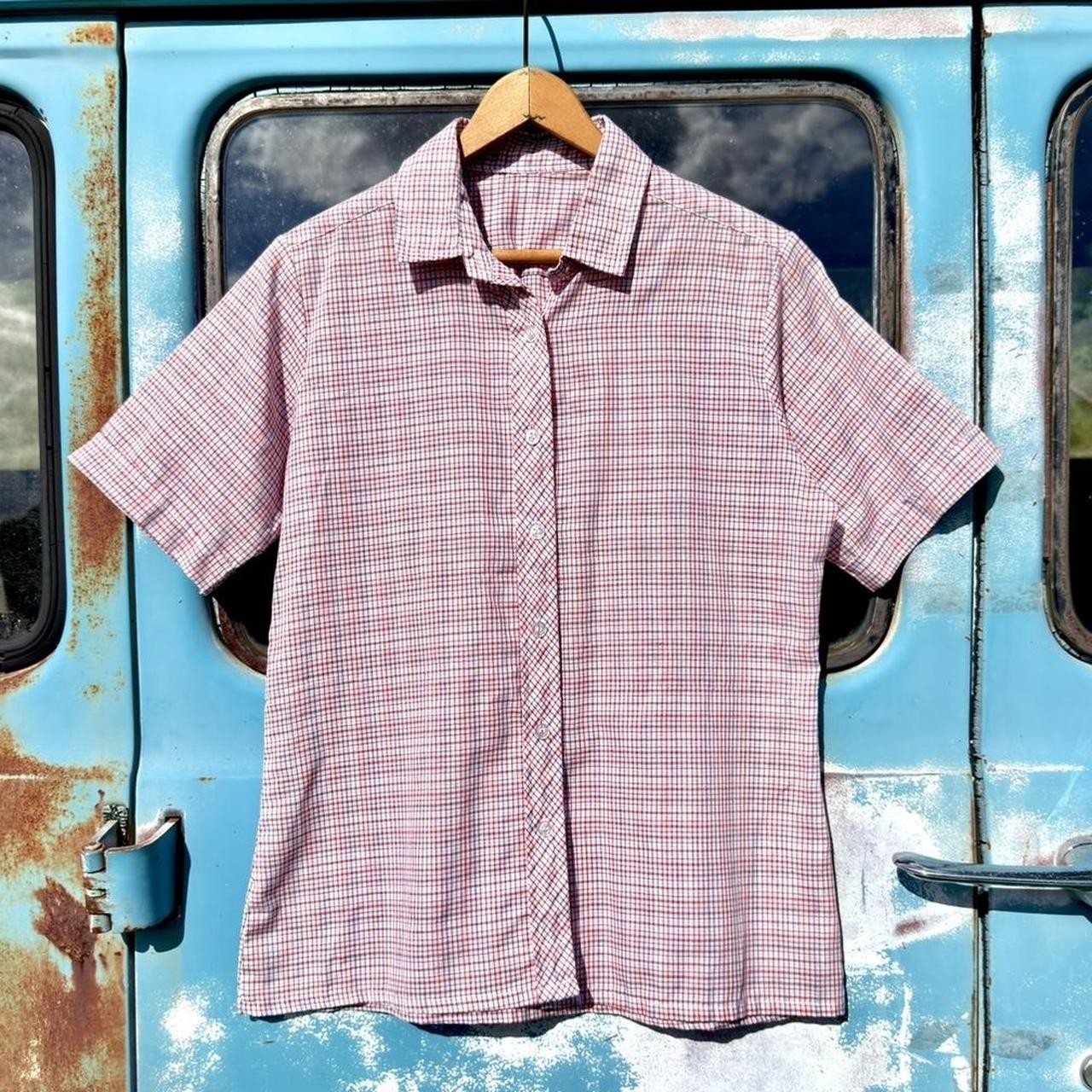 1950s 100% combed cotton red, white & blue thin line plaid button up shirt