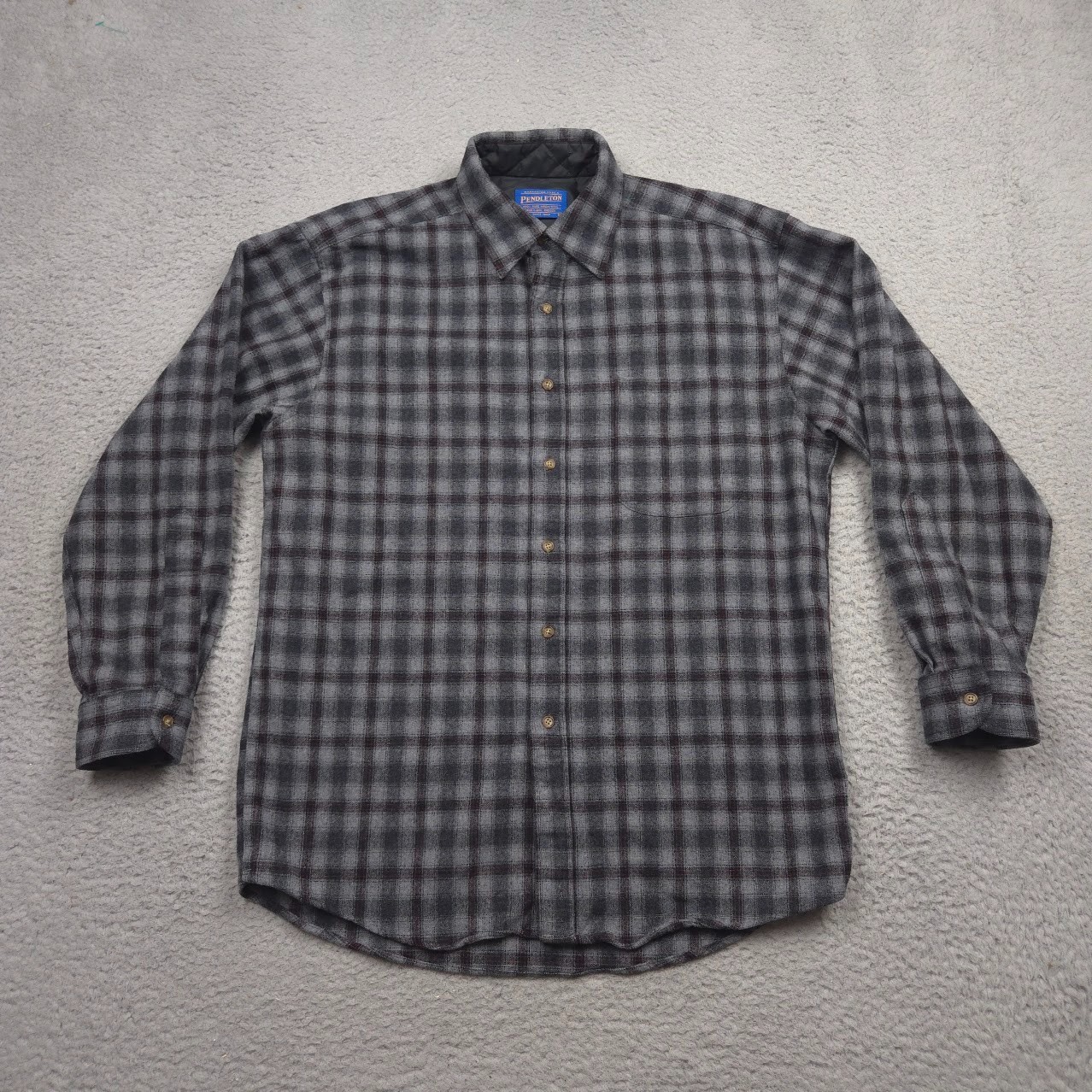Pendleton 100% Wool Lined Plaid Shirt Mens Large Gray Black Button Flannel
