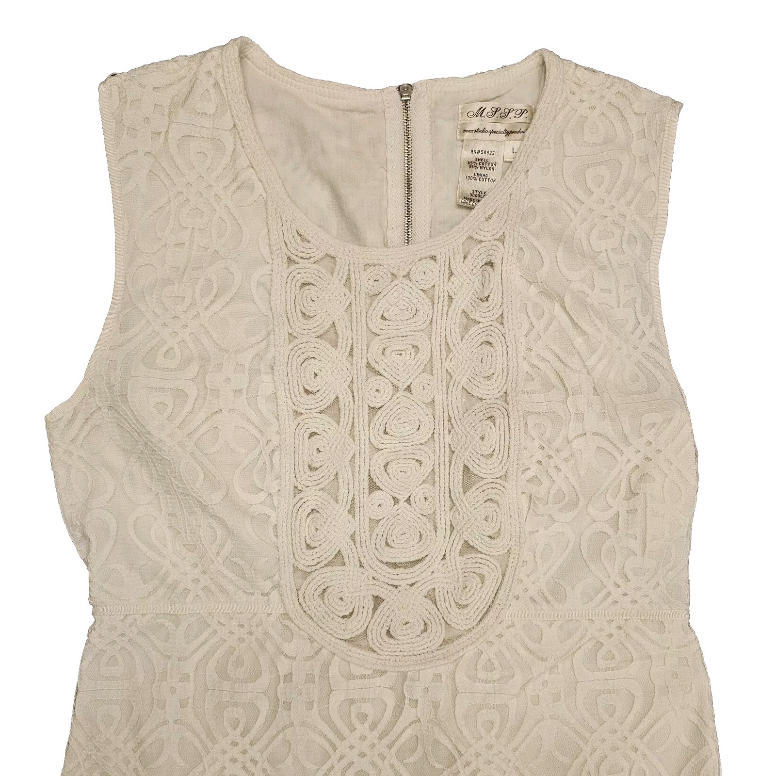 M.S.S.P Max Studio Sleeveless Short Zip-Up Sheath Dress White Crochet Lace L