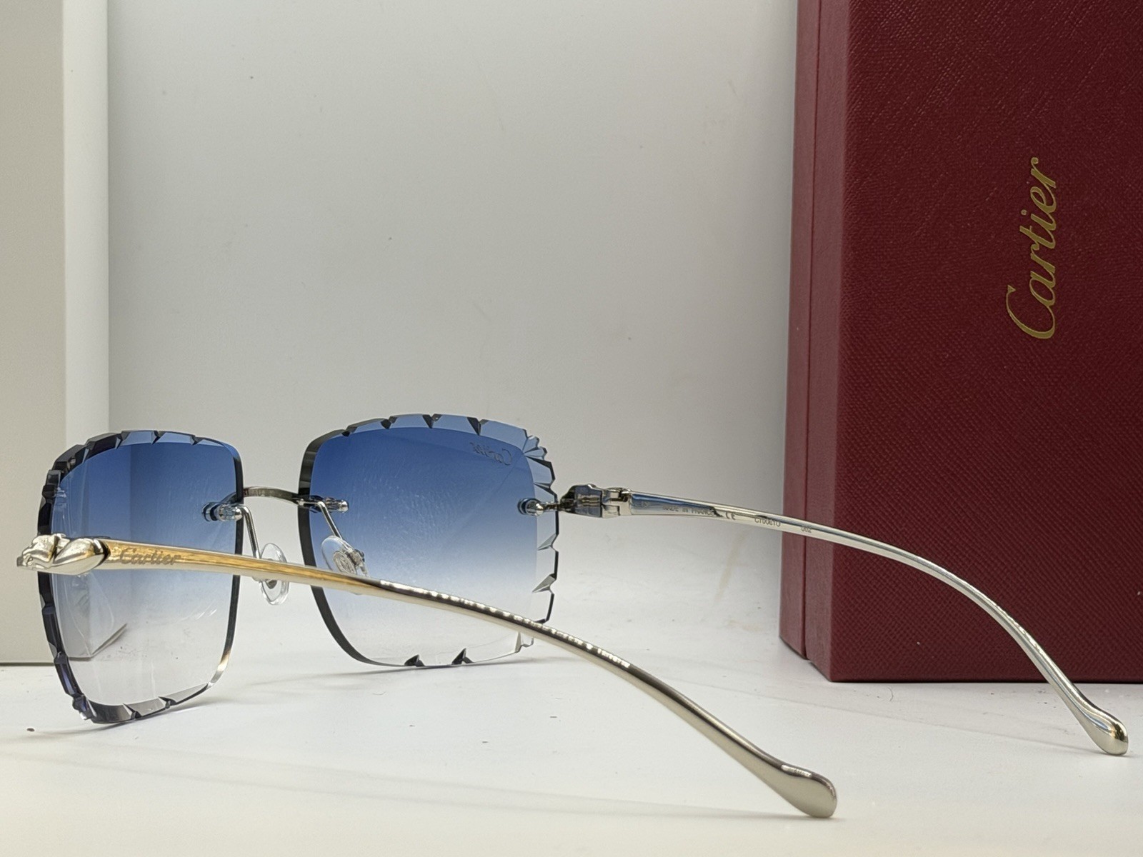 Cartier Panthere CT0061O 60mm Diamond Cut Gradient Blue Lens Silver Sunglasses