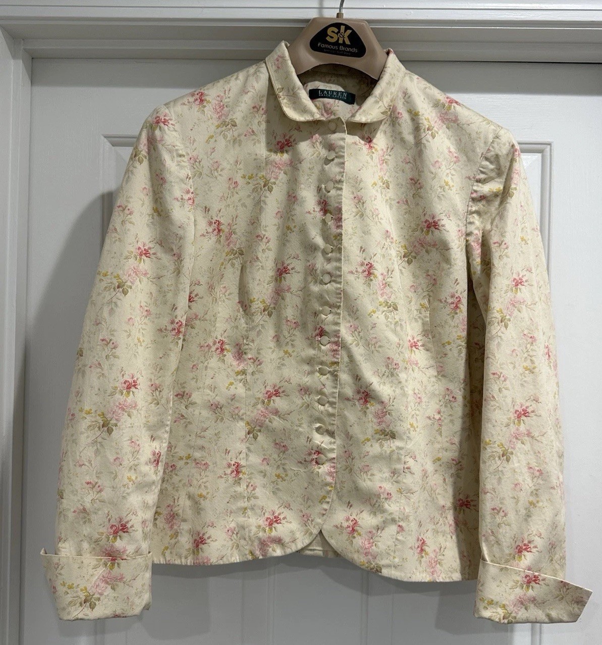 Vintage Lauren Ralph Lauren Womens Blazer Yellow Beige Floral Size Large Flowers
