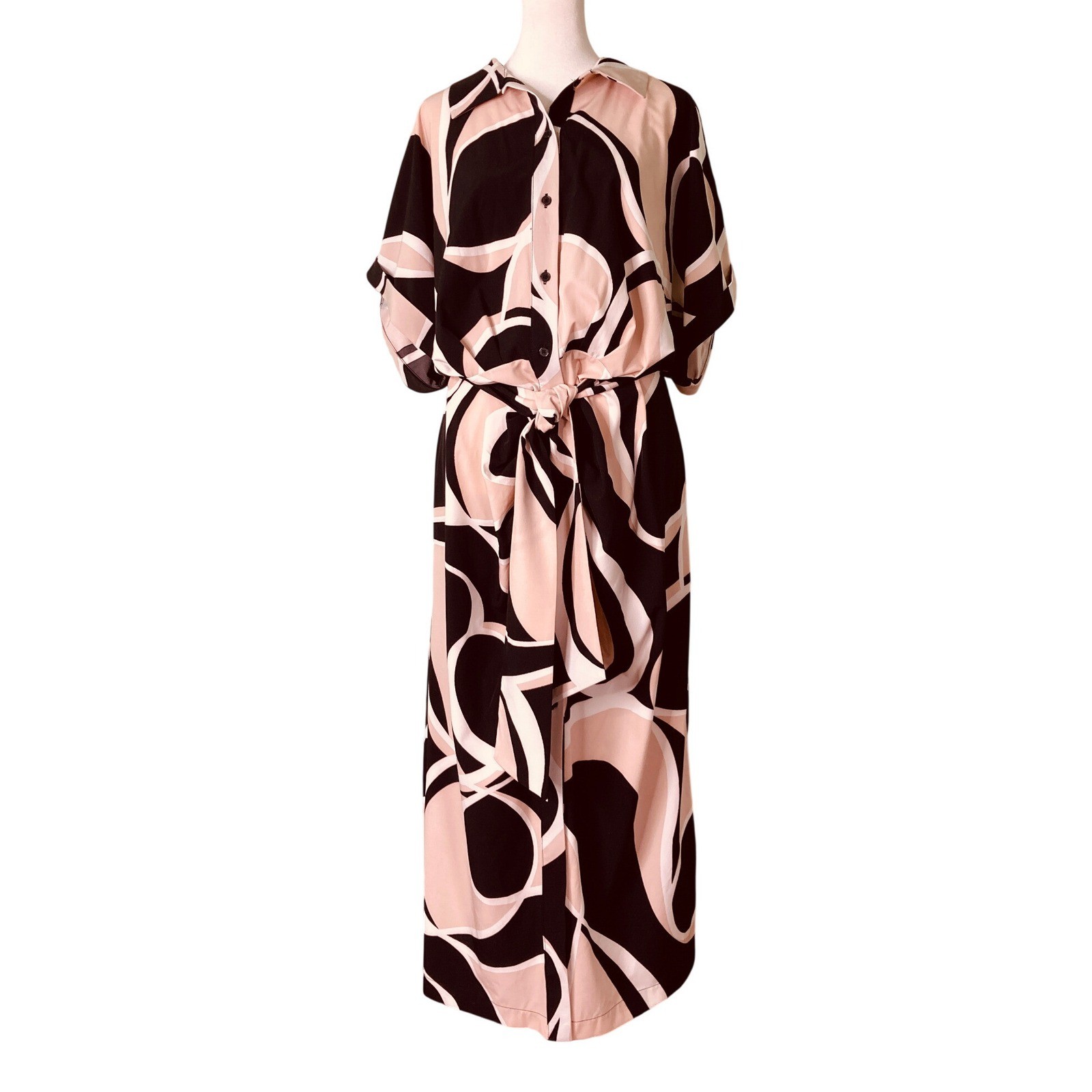 DKNY Geo Printed Belted Fit and Flare Shirt Dress Crepe Black Tan (Size 14W)
