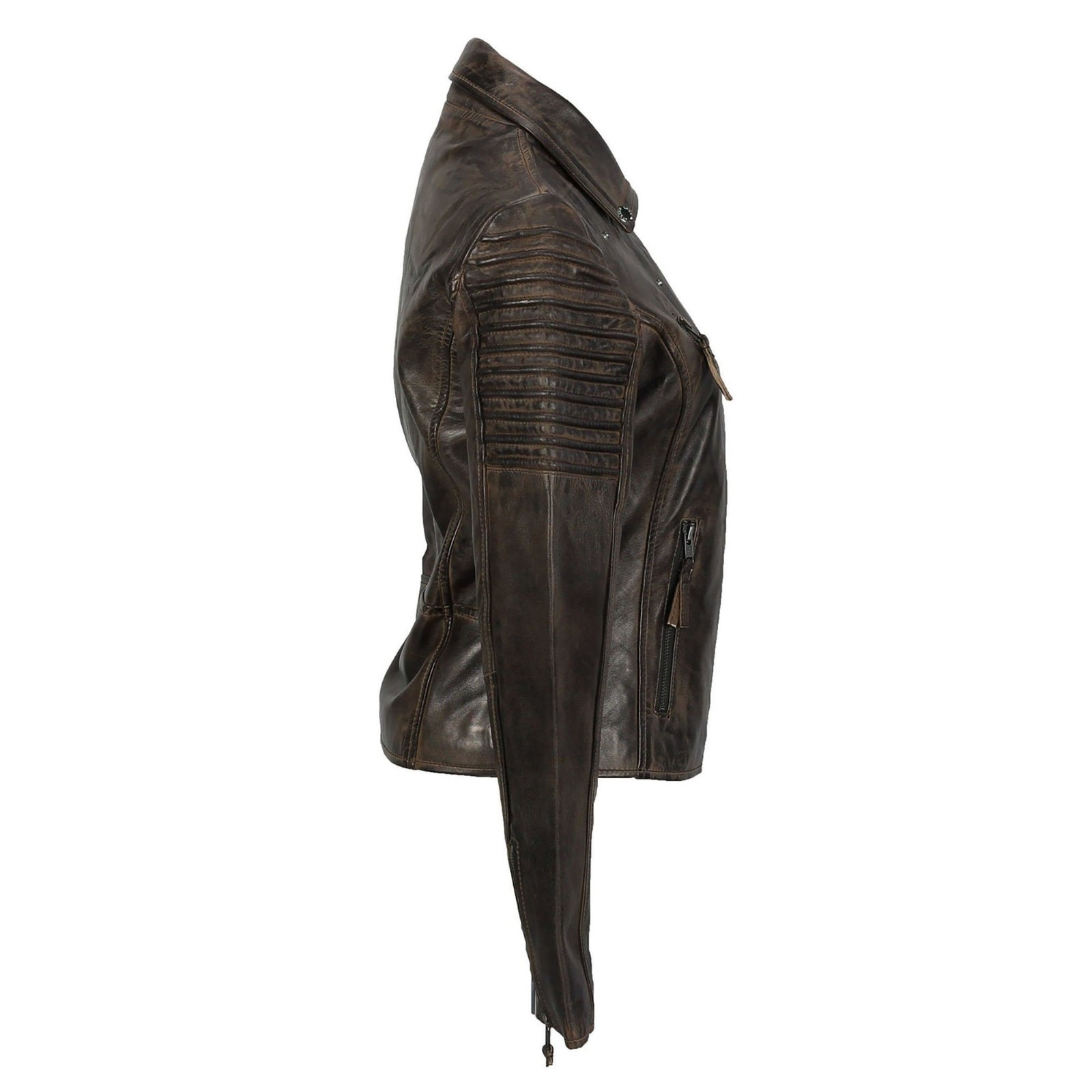 Women Real Leather Jacket Brown Distressed Biker Moto Ribbed Zip Motorcycle Coat