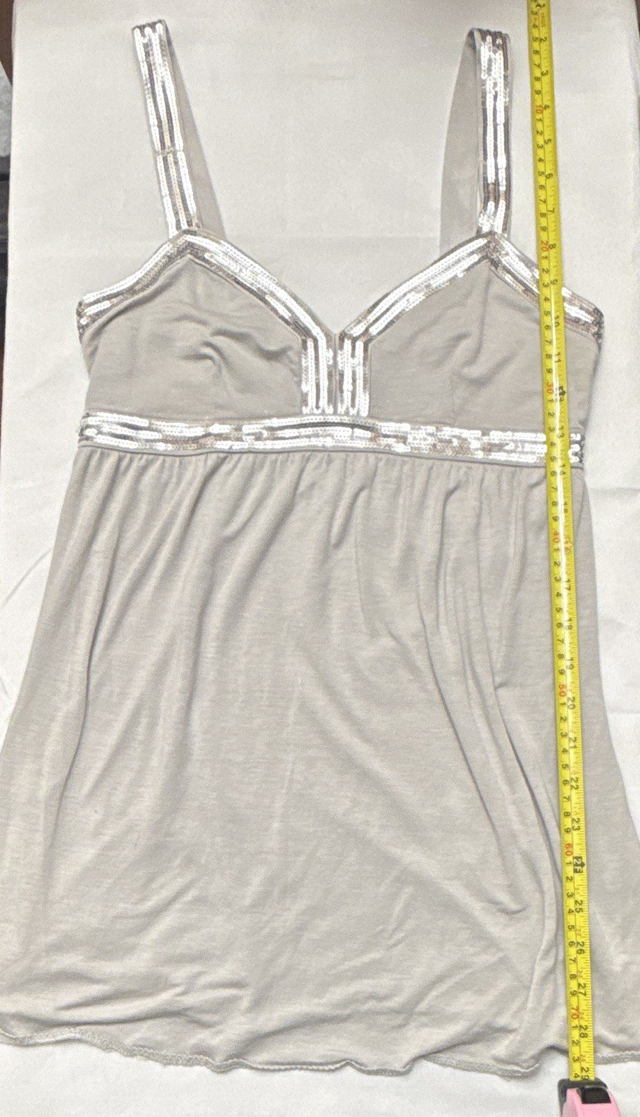 Women’s Solid Gray Camisole Size S Stretch Spaghetti Straps Silver Sequin Trim