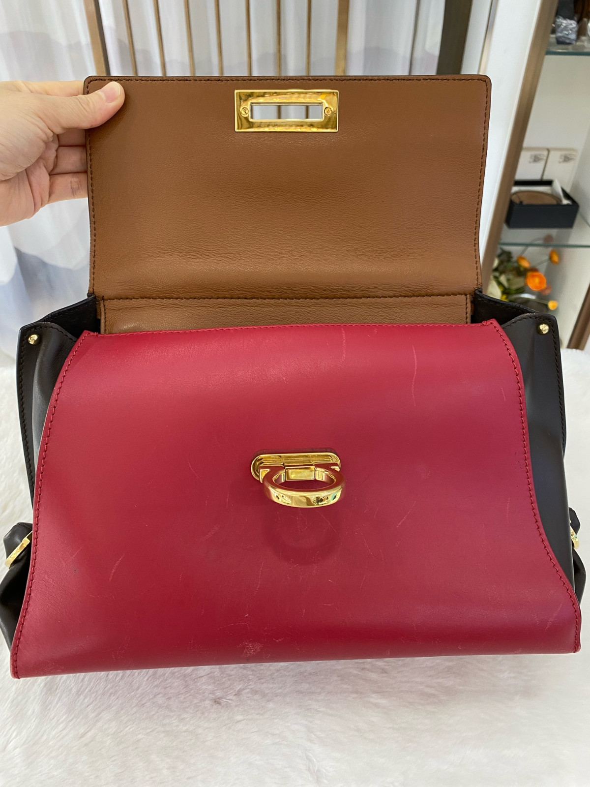 Authentic Salvatore Ferragamo Sofia Smooth Leather Top Handle Bag Brown, Red,