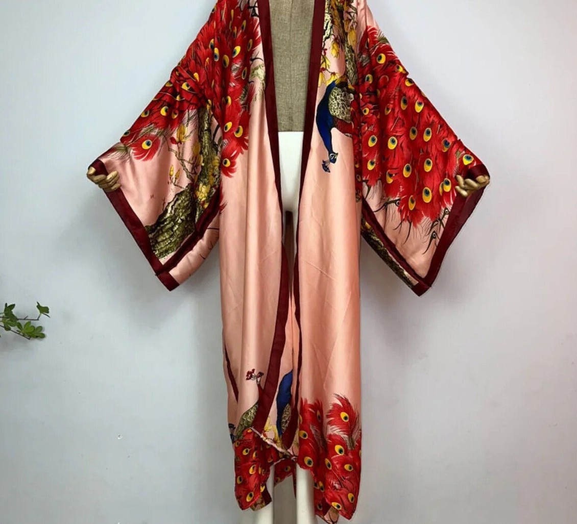 Pink Peacock Kimono Batwing Cardigan Silky Robe Beach Kaftan Robe Pink Abaya