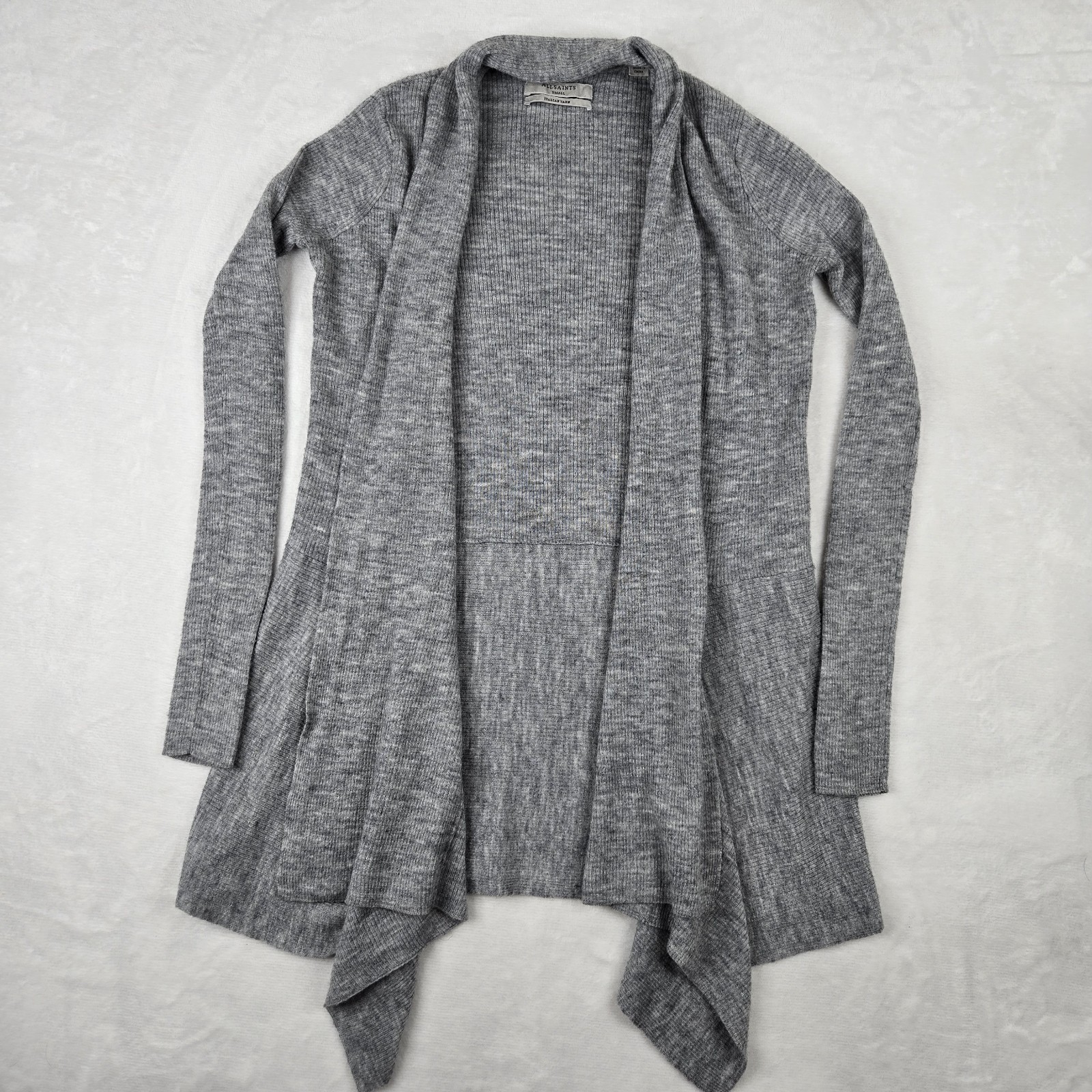 All Saints Gray Keld Olivo Open Front Alpaca Wool Ribbed Cardigan Sweater Size S
