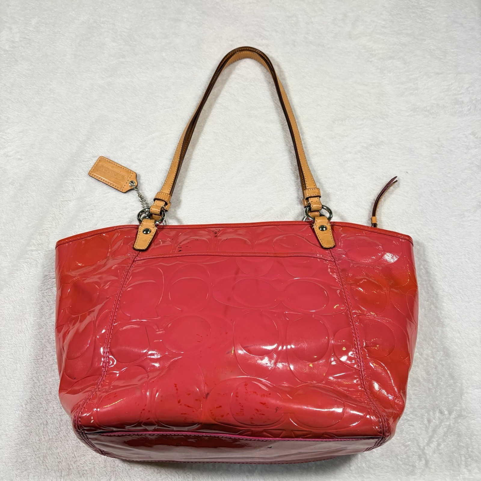 COACH LEAH SIGNATURE C EMBOSSED PATENT LEATHER Y2K TOTE HANDBAG F14663 Retro