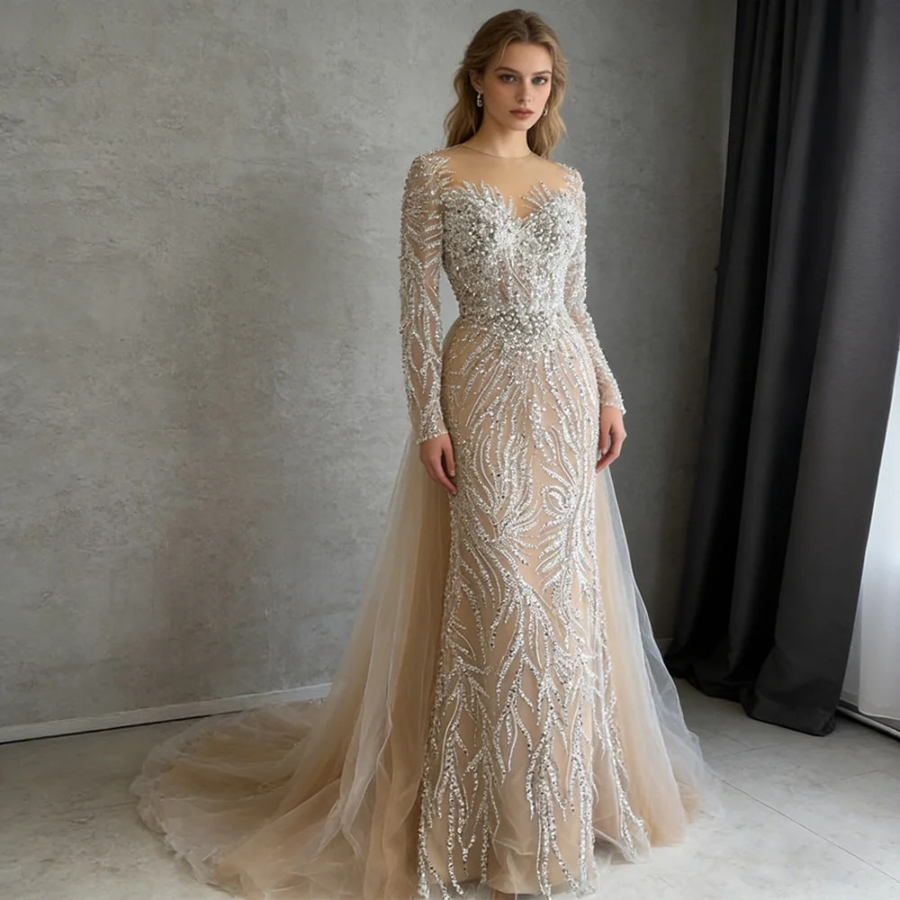 Luxury Beaded Mermaid Evening Gown with Long Sleeves Formal Wedding Party Dress