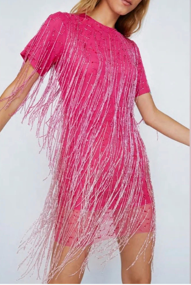 Nasty Gal Dress Womens 2 Pink Shift Mini Fringe Beaded Party Cocktail Festival