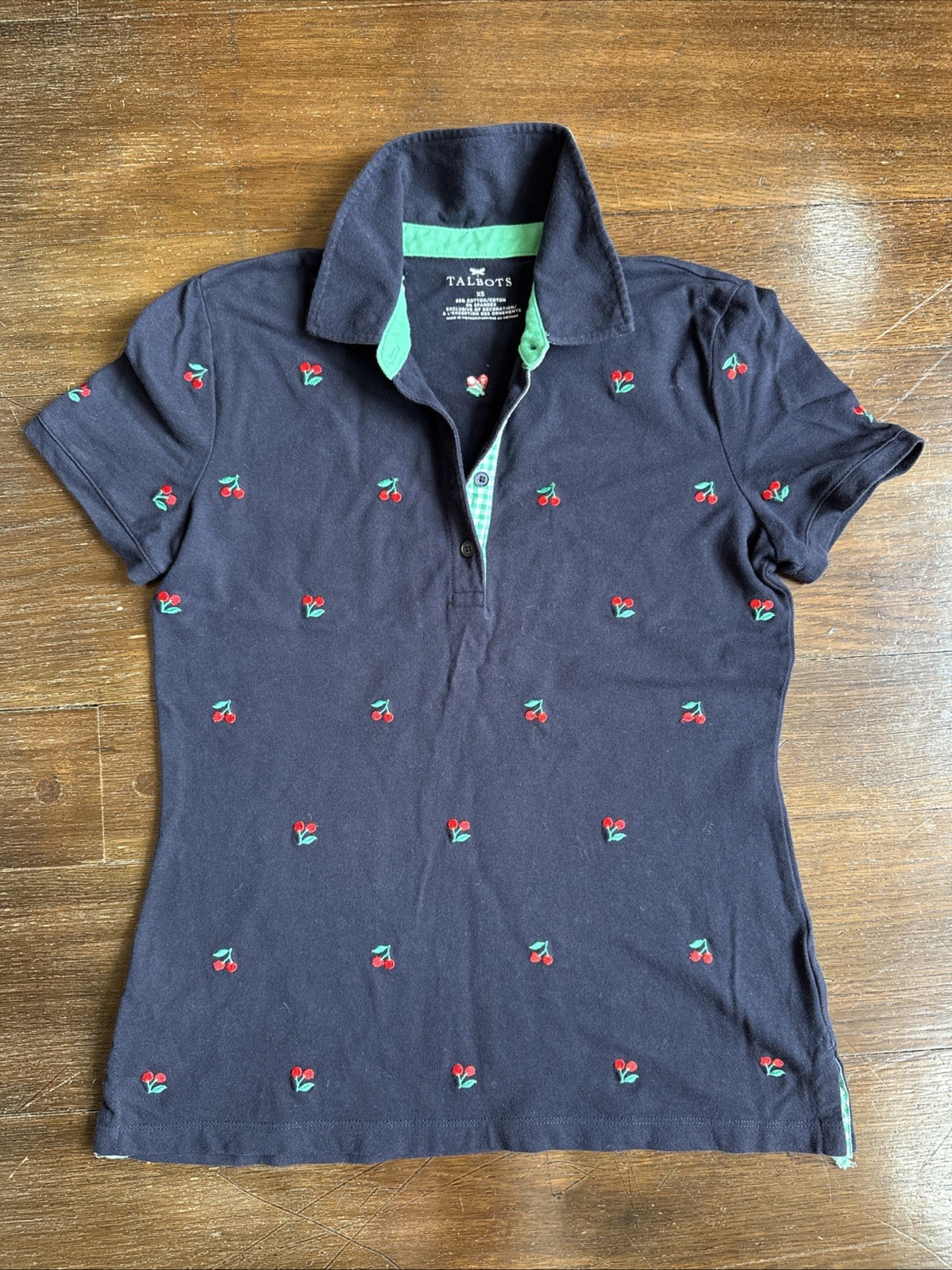 Talbots Navy Polo W/embroidered Cherries, Green Gingham Collar Accent, XS
